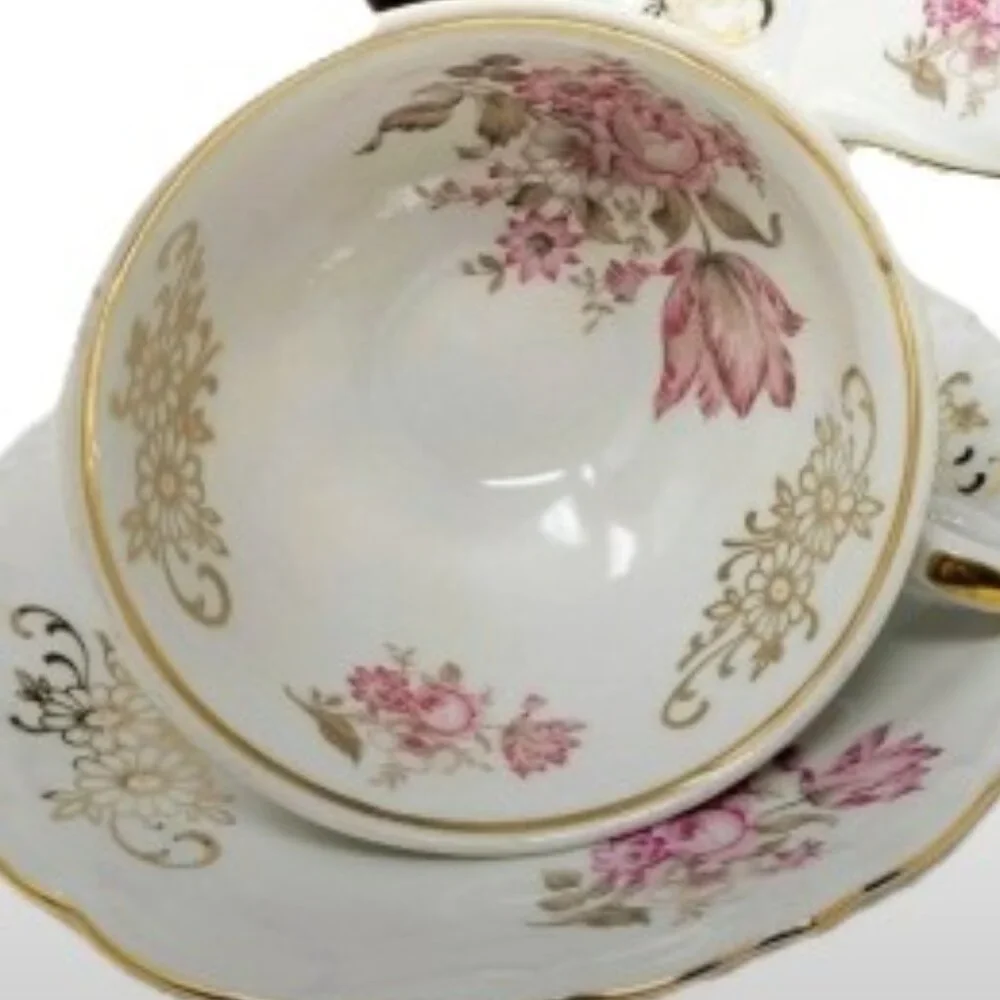 Bareuther Gilded Tea Trio 3-Piece Vintage 1931-1950 Pink Rose Pattern